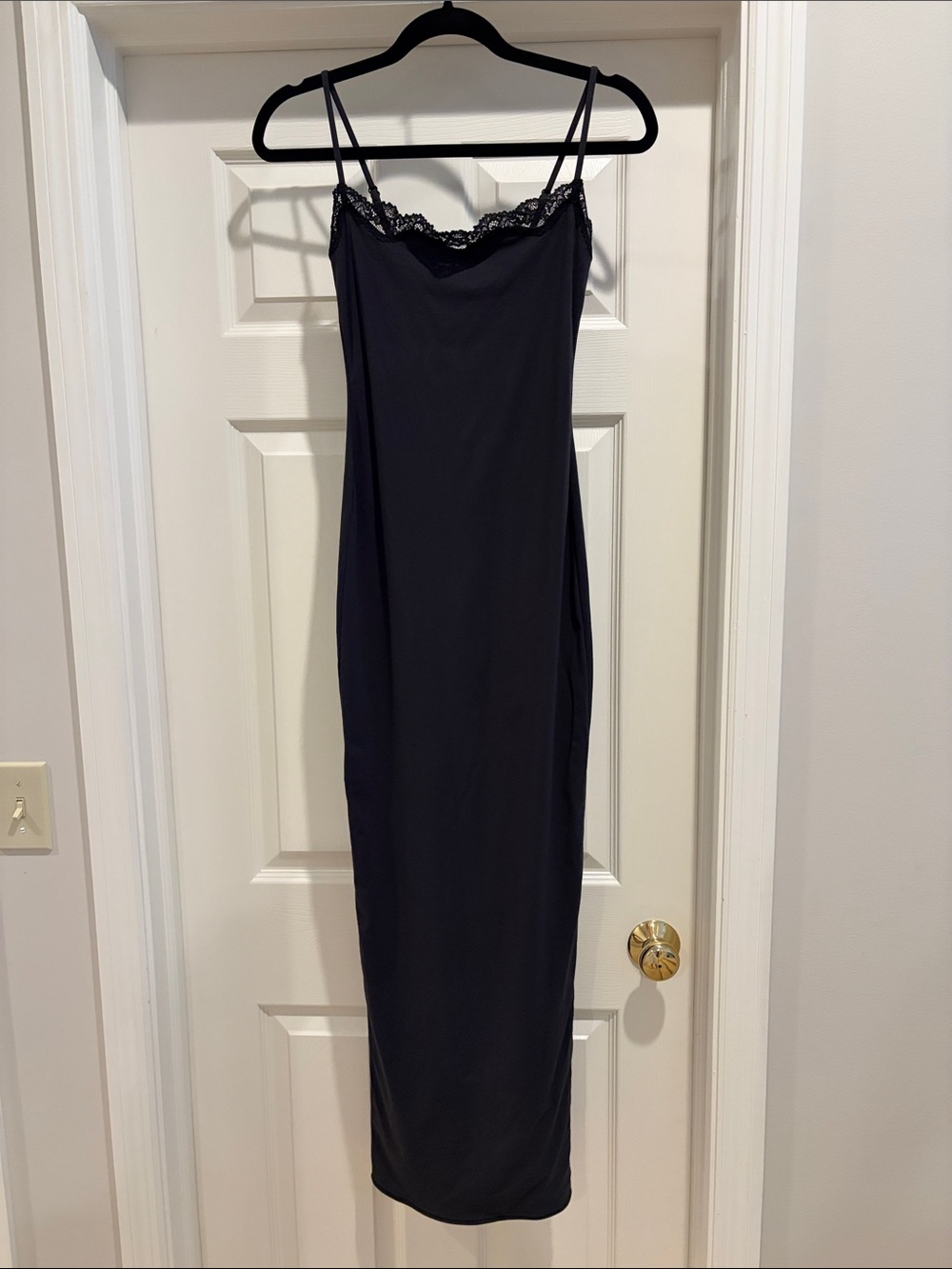 NWT SKIMS Black fits everybody lace trim long Slip Dress. Size Small